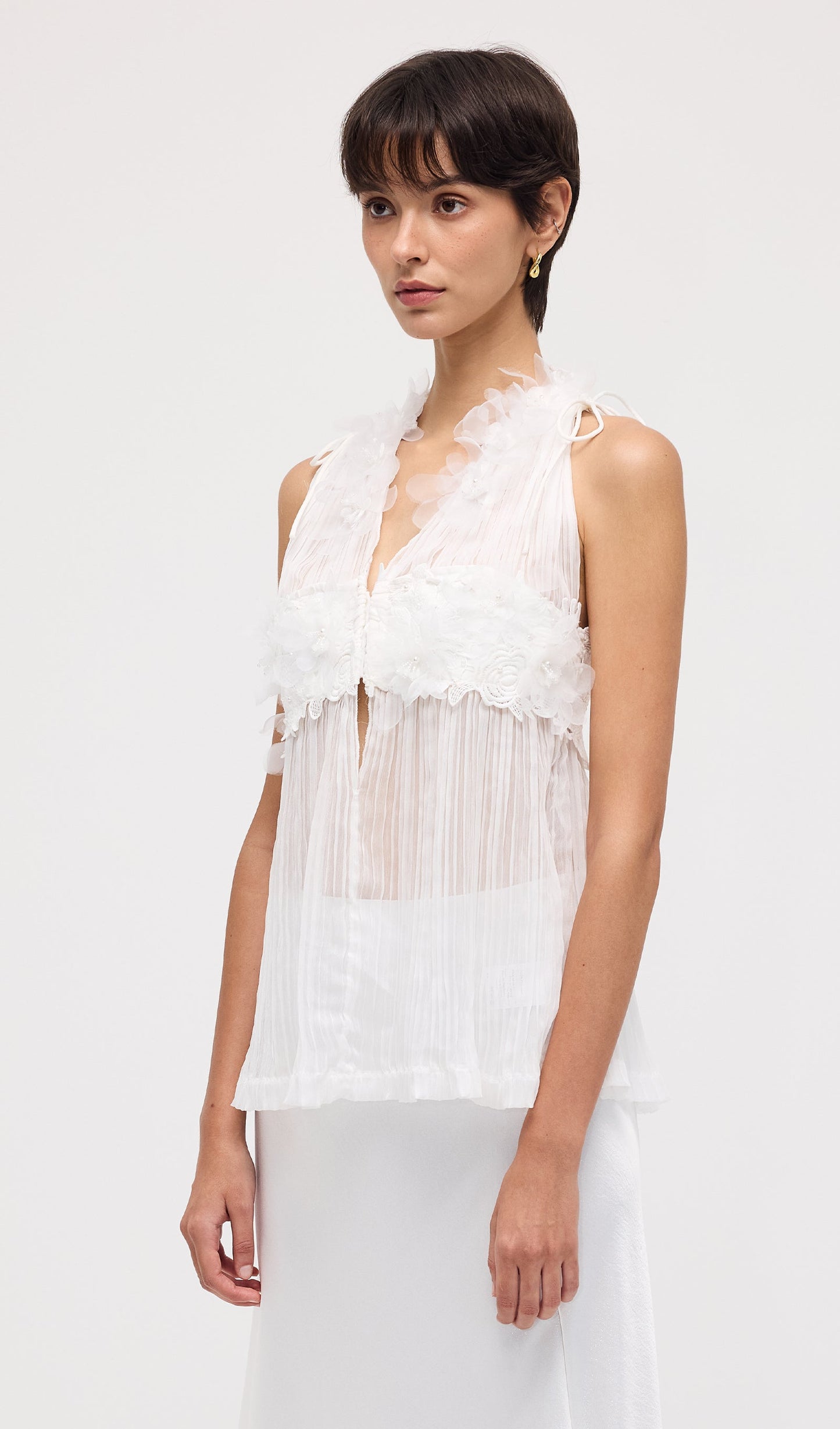 Sleeveless Pleated Embroidered Top