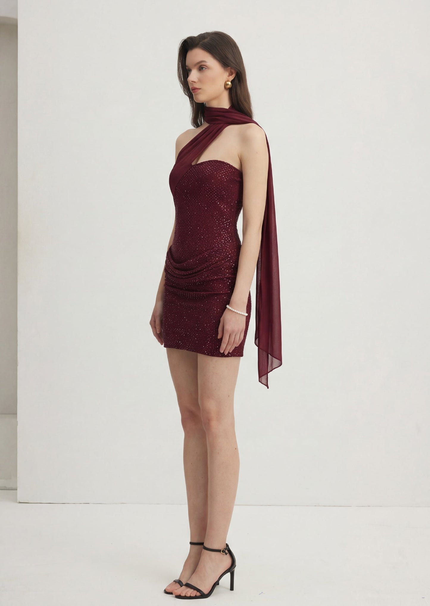 Diamante Mini Dress With Scarf In Plum