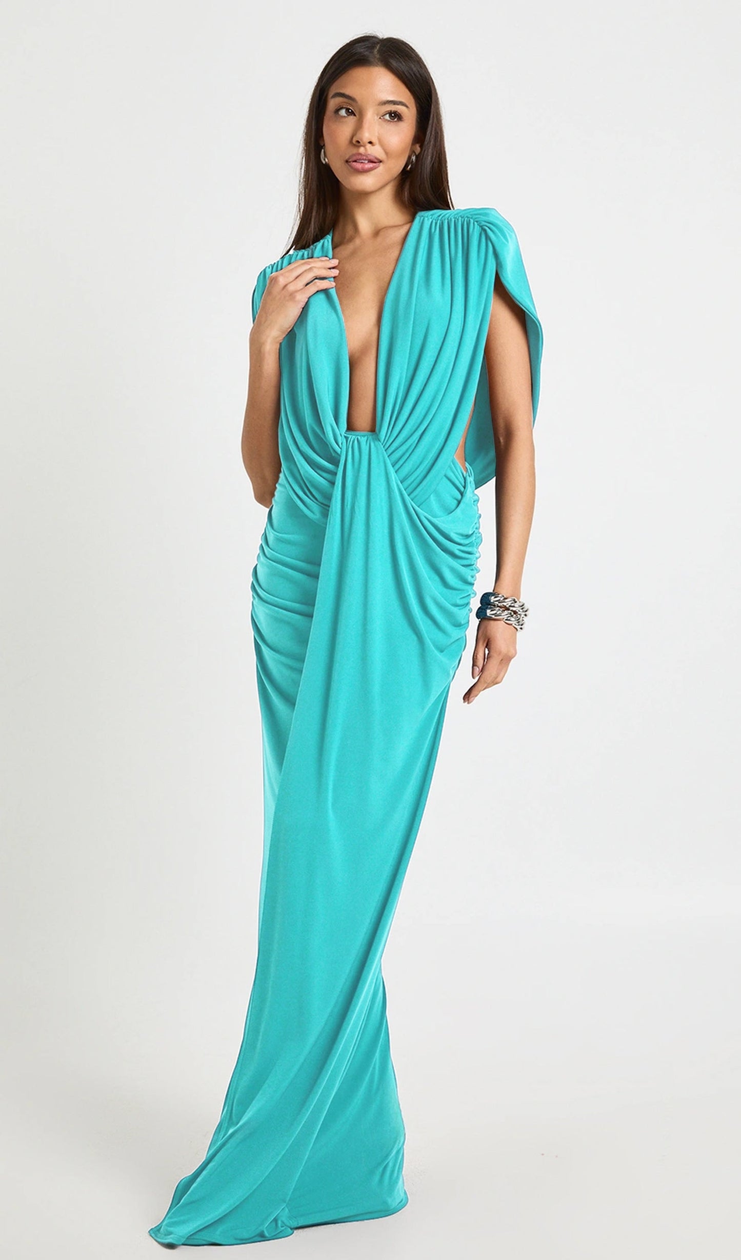 Ruched Twist Front Drape Detail Maxi Dress