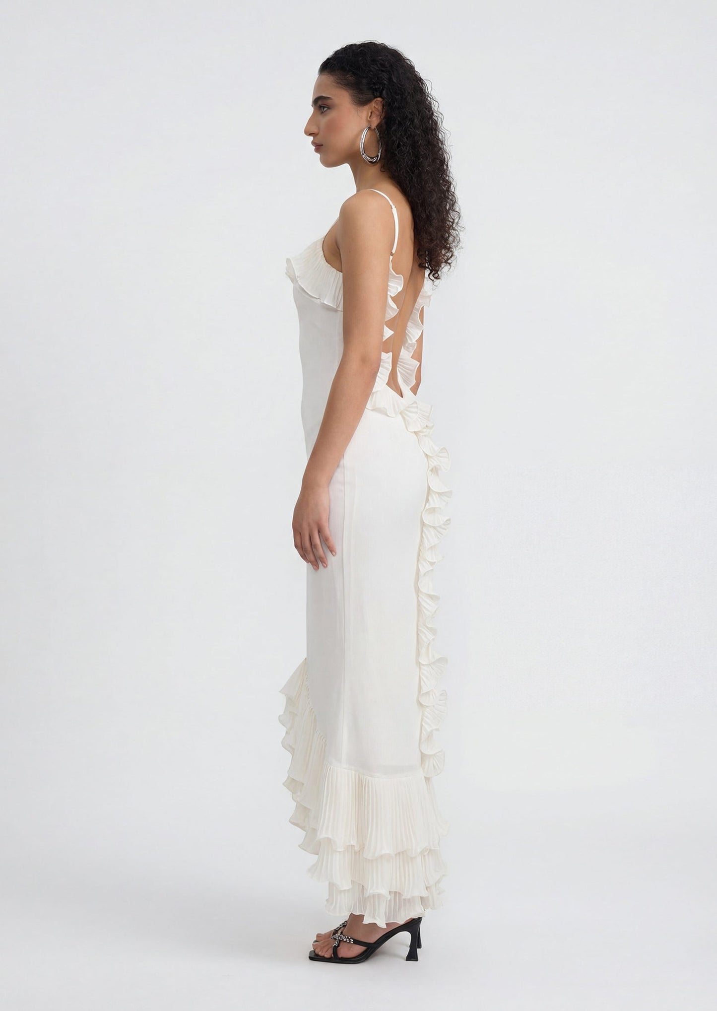 Delina Ruffle Open Back Mermaid Maxi Dress