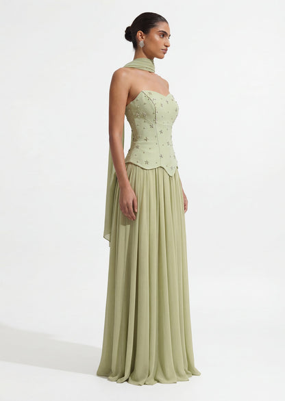 Sage Green Beaded Corset Maxi Dress