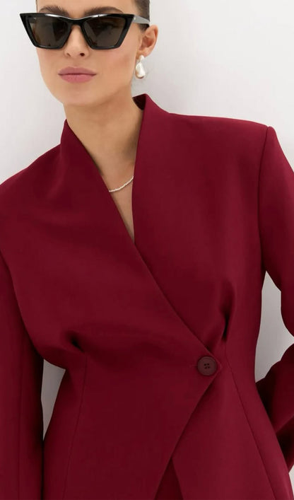 V Neck Long Sleeve Blazer In Claret