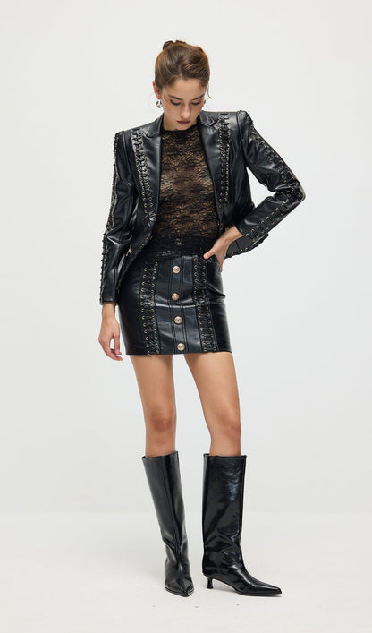 Rope Lacing Leather Jacket & Mini Skirt