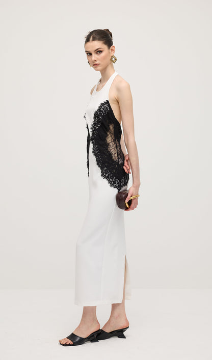 Open Back Maxi Dress In Crepe & Lace