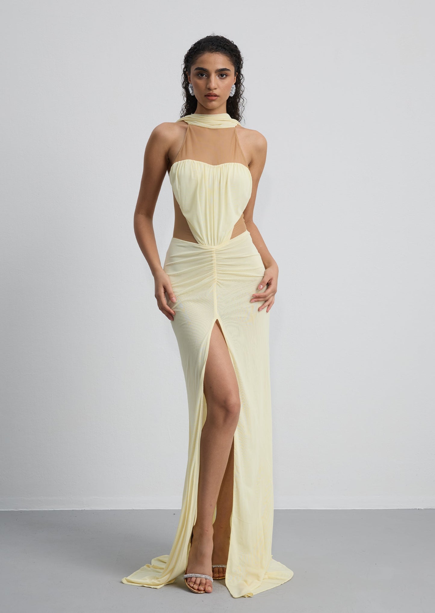 Ruched Halter Neck Slit Gown