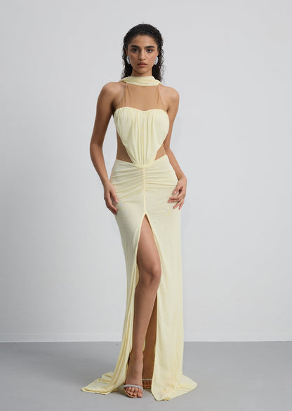 Ruched Halter Neck Slit Gown