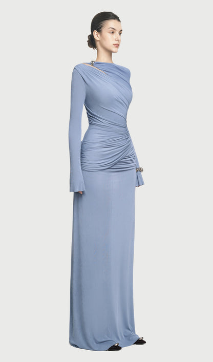 Asymmetrical Drapes Cut Out Maxi Dress In Blue