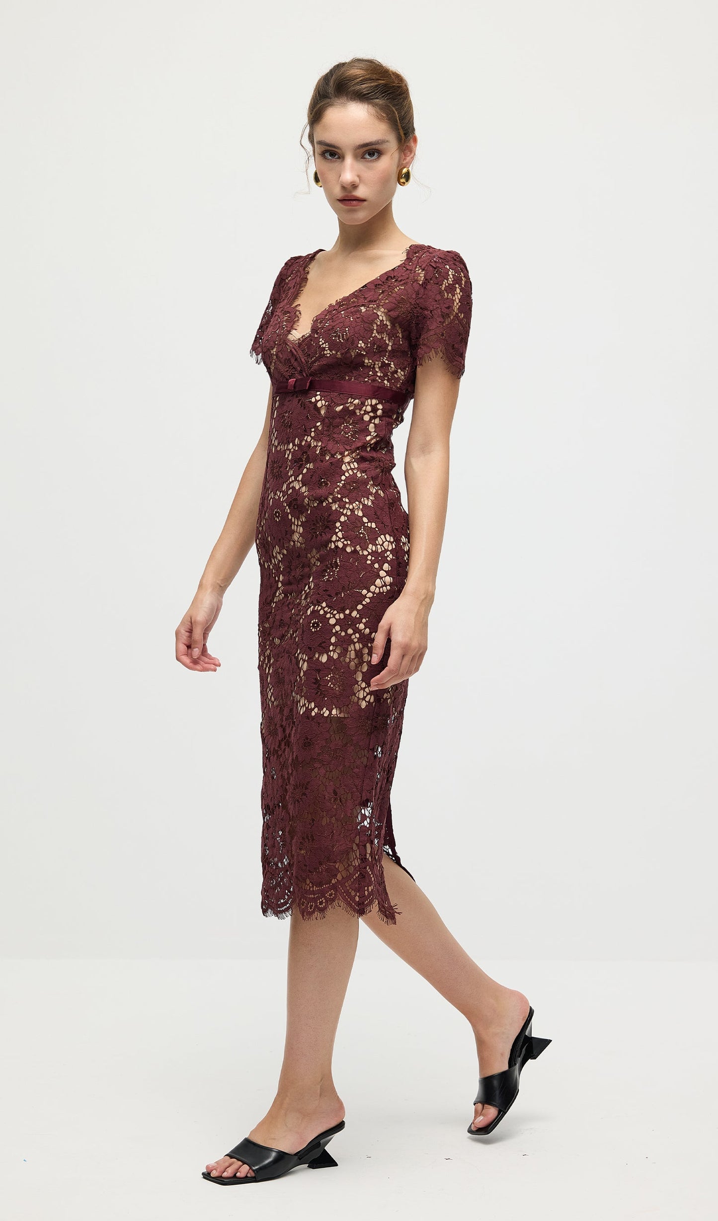 Burgundy Floral Lace Midi Dress