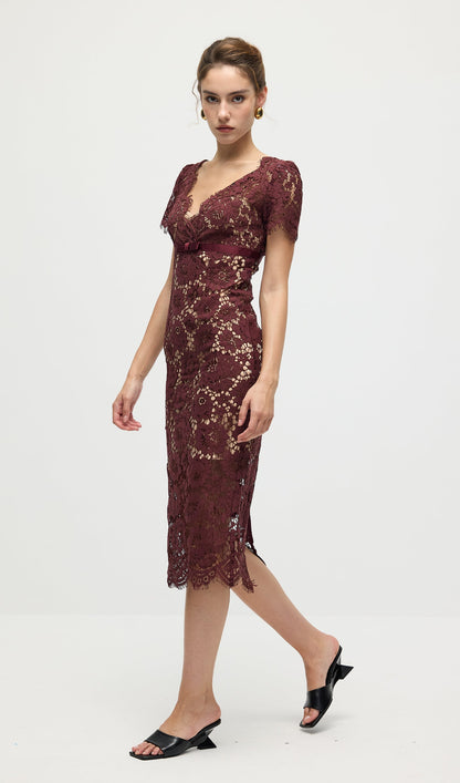 Burgundy Floral Lace Midi Dress
