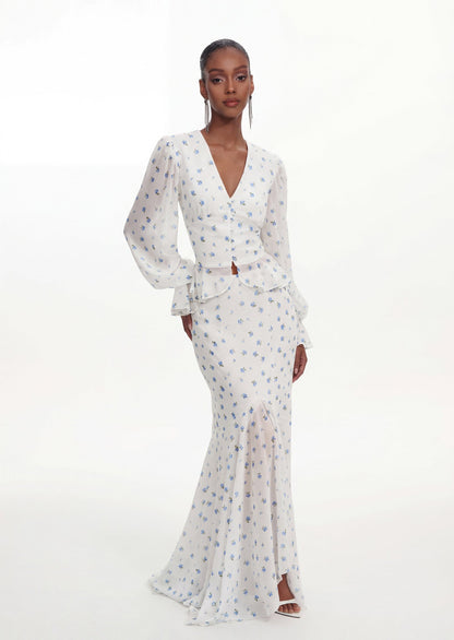 Printed V Neck Shirt & Fishtail Maxi Skirt Set