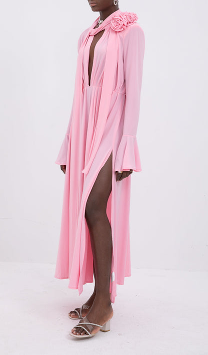 Trendy V-Neck Pleated Slit Maxi Dress-Pink