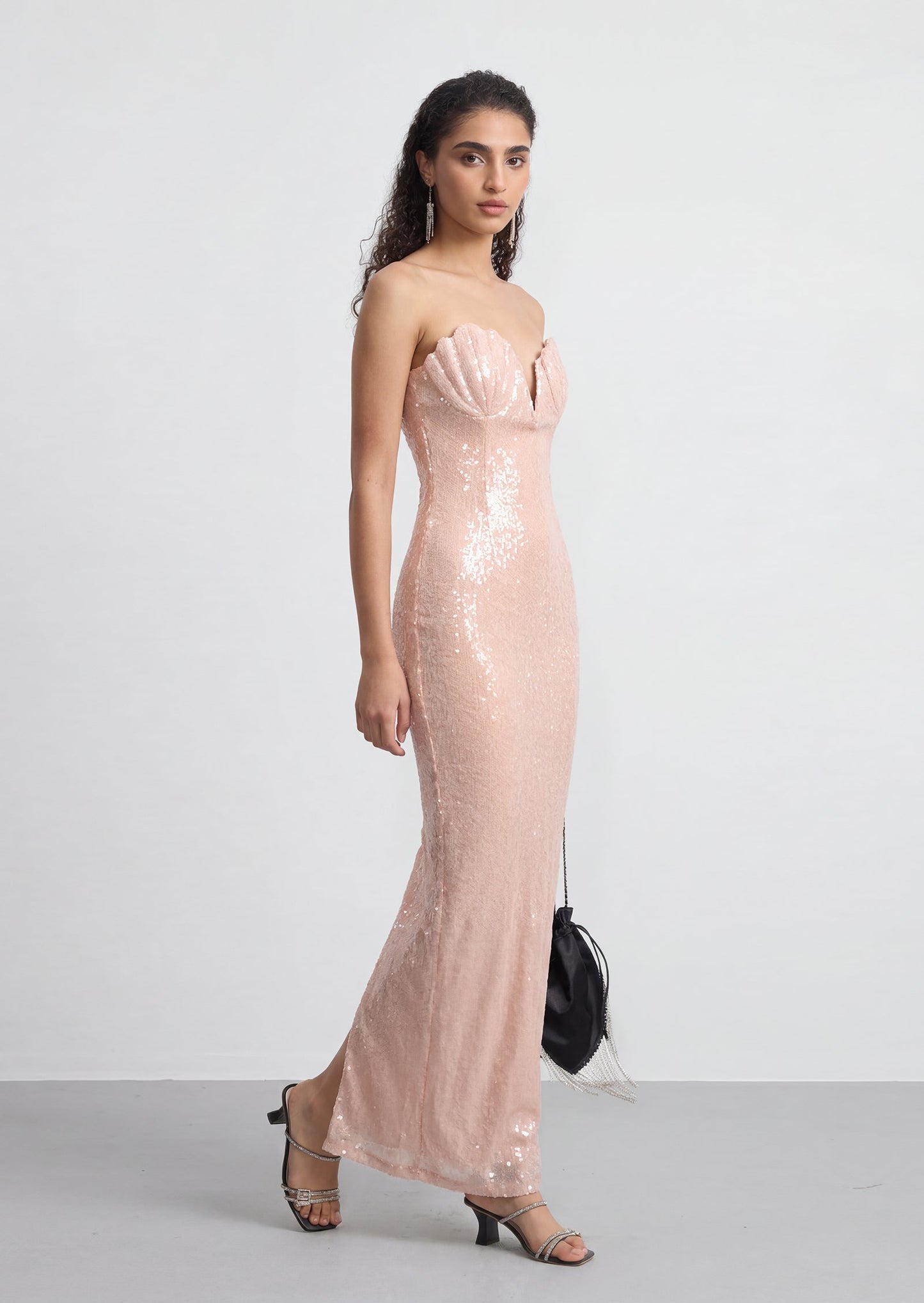 Cambria Bow Sequin Scalloped Maxi Dress In Pink