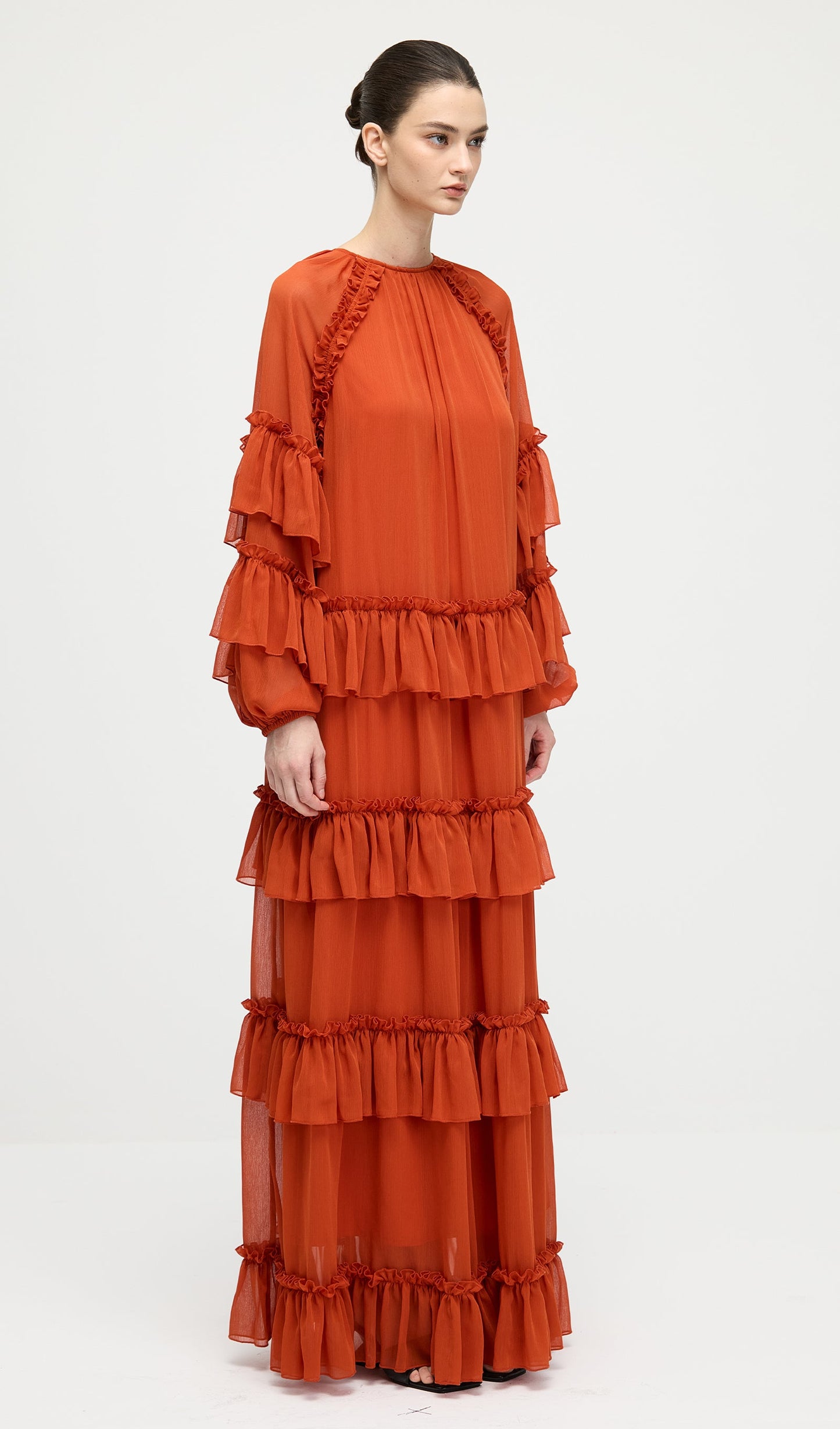Ruffle Tiered Puff Sleeve Maxi Dress In Orange