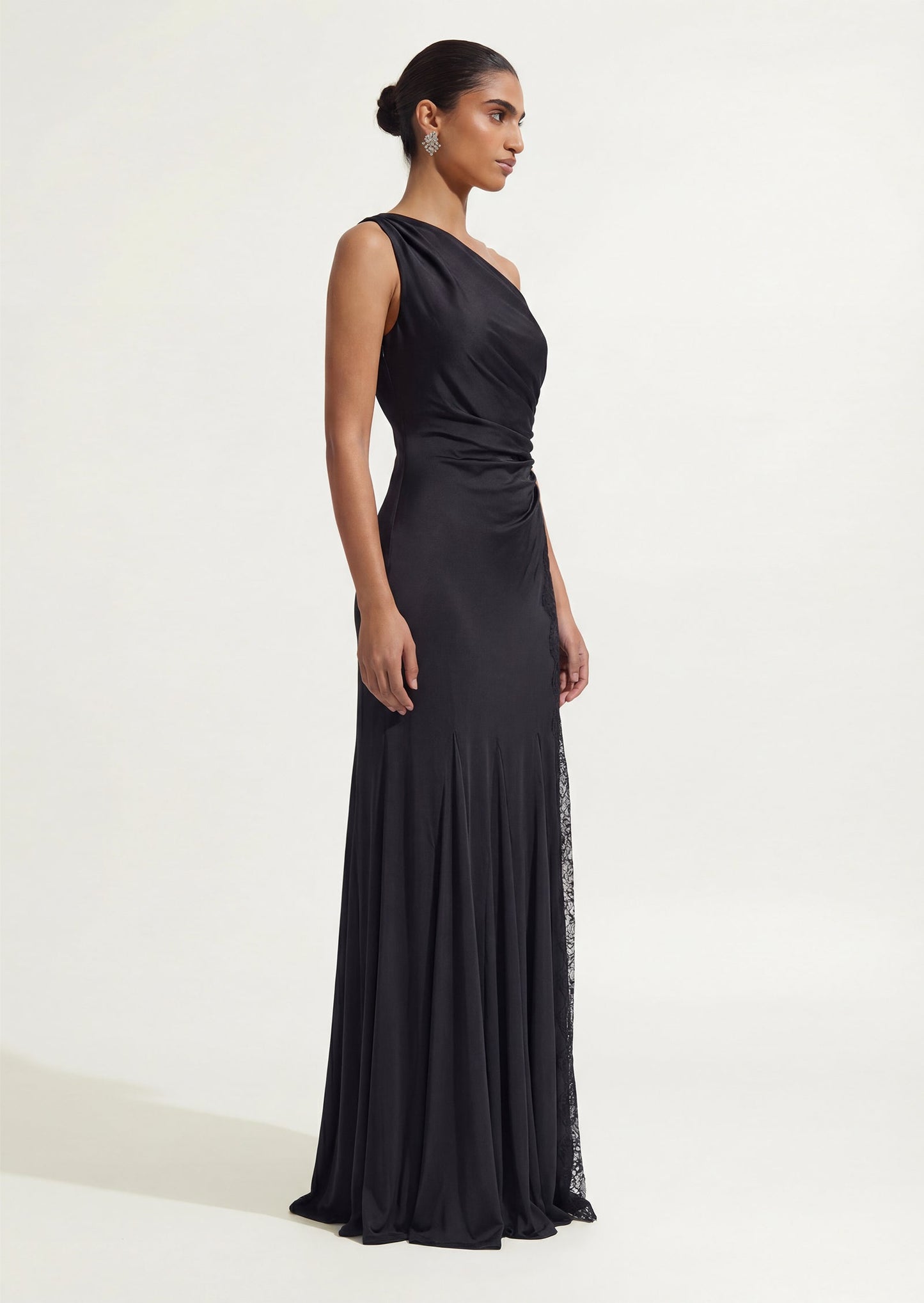 One Shoulder Lace Satin Maxi Dress