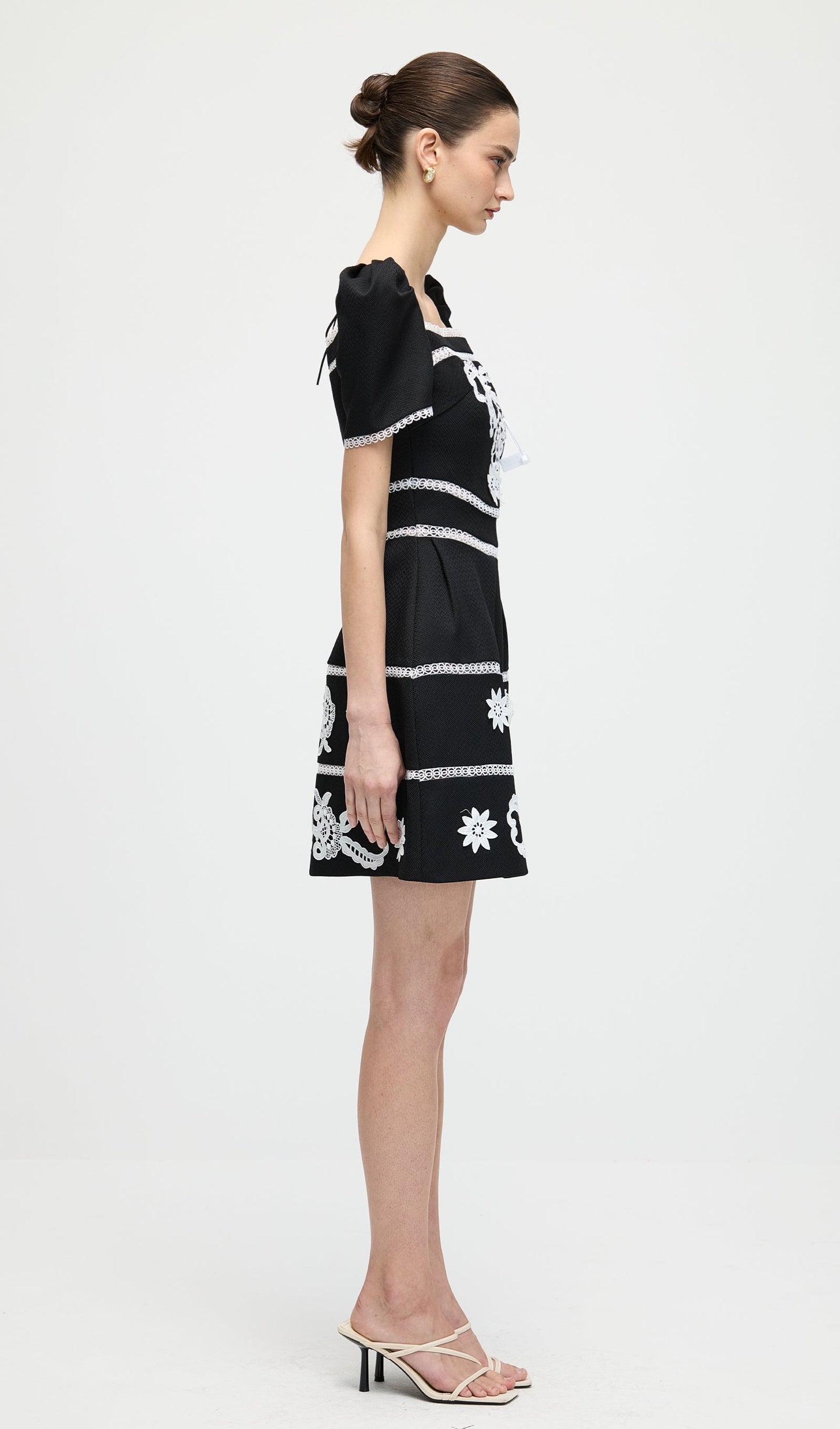 A Line Embroidered Puff Sleeves Mini Dress