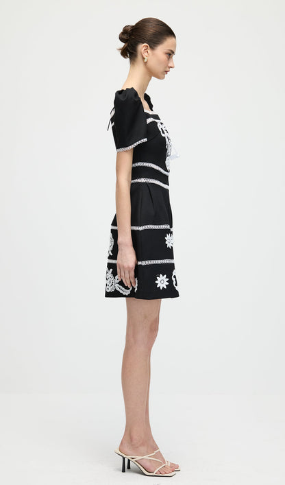 A Line Embroidered Puff Sleeves Mini Dress