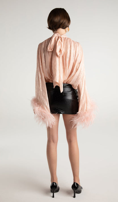 Feather Top & Leather Mini Skirt In Pink