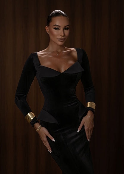 Velvet Shaped Neckline Slit Maxi Dress