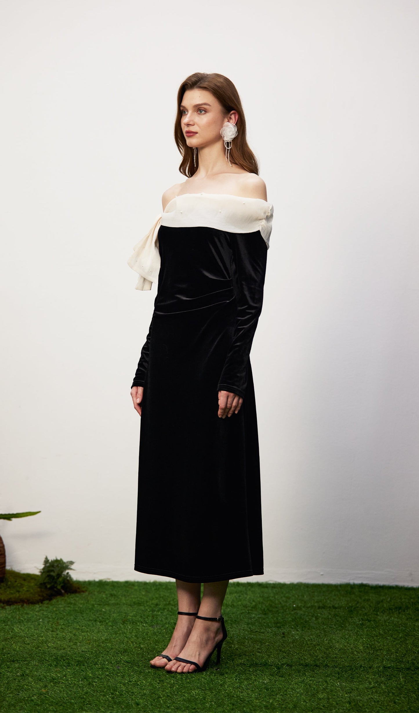 Off Shoulder Pearl Lace Up Maxi Dress