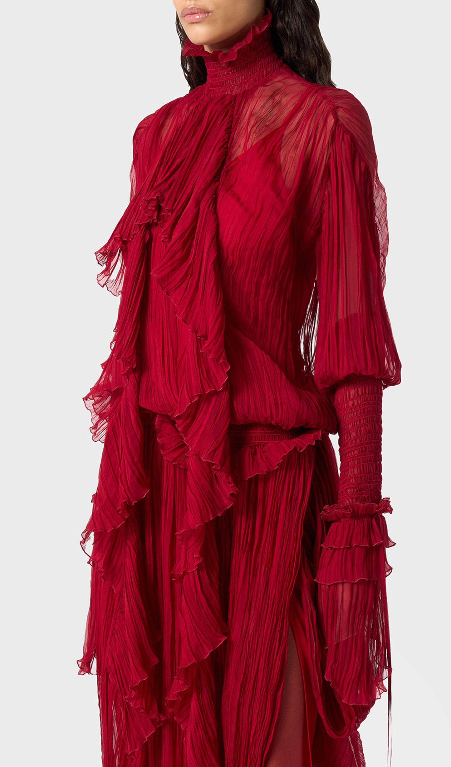 Pleated Silk-Chiffon Slit Maxi Dress In Red