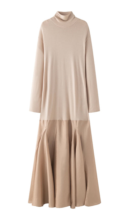 Turtleneck Long Sleeve Satin Maxi Dress In Beige