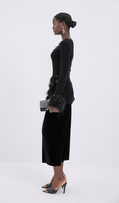 Velvet Midi Skirt-Black