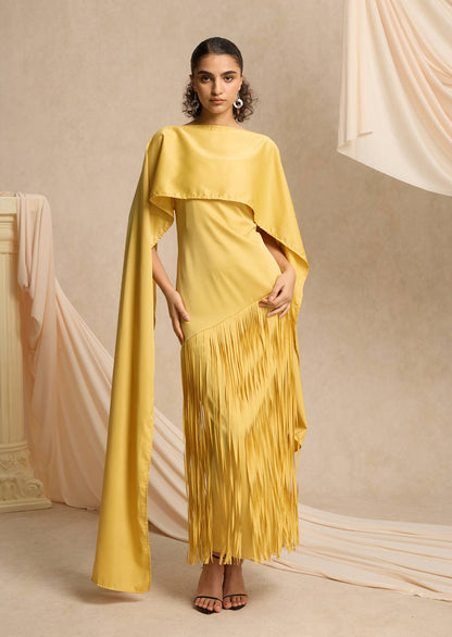 Cape Detailed Fringed Gown