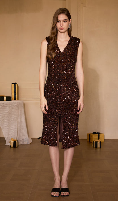 V Neck Sequin Embellished Midi Dress