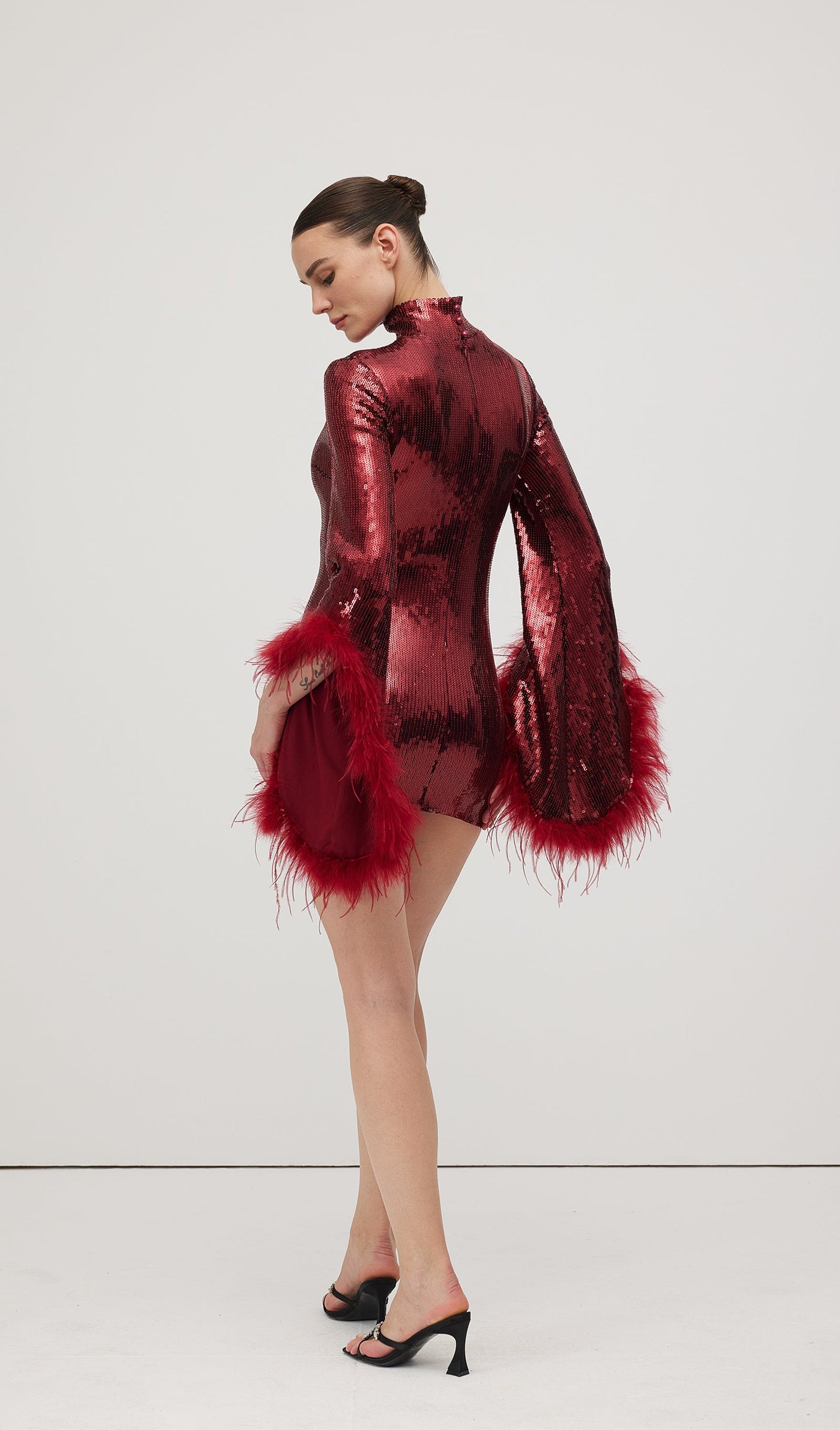 Feather Trimmed Sequined Mini Dress