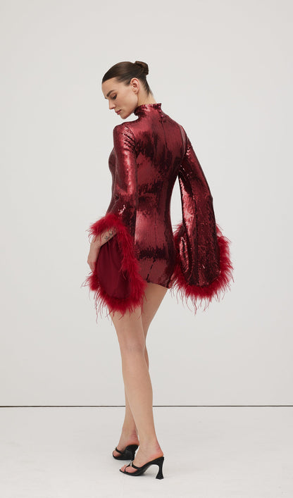 Feather Trimmed Sequined Mini Dress
