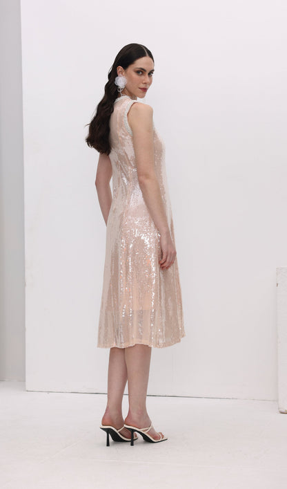 Sequin Embellished Pearl Trim Midi Dress
