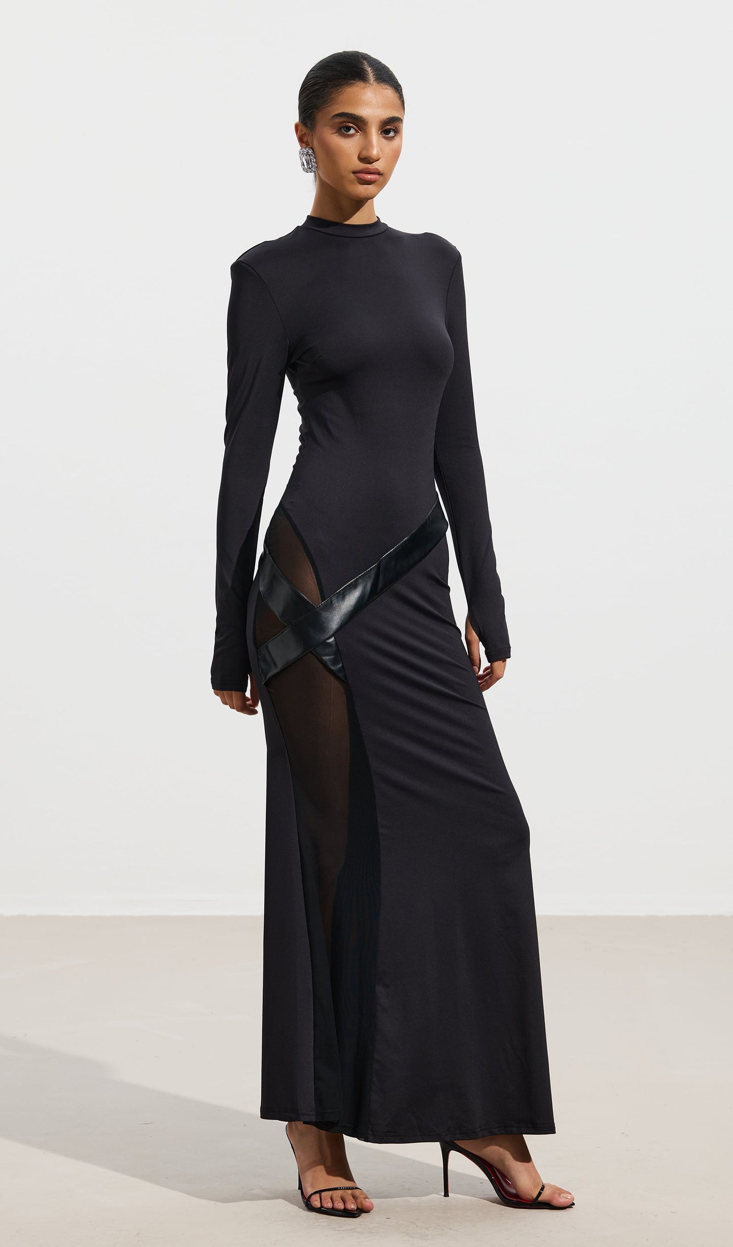 Sheer Patchwork Leather Lace-Up Maxi Dress