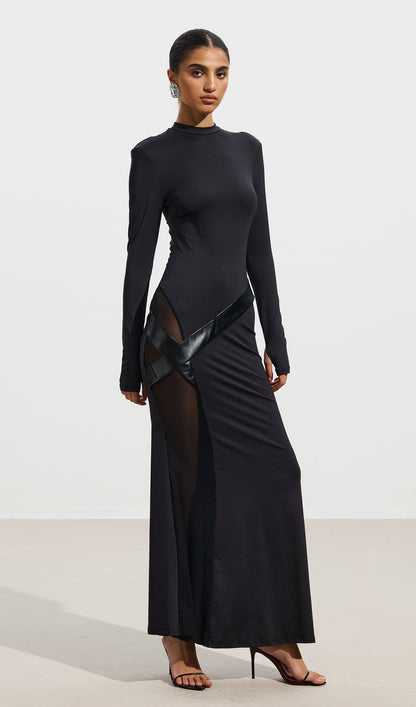 Sheer Patchwork Leather Lace-Up Maxi Dress