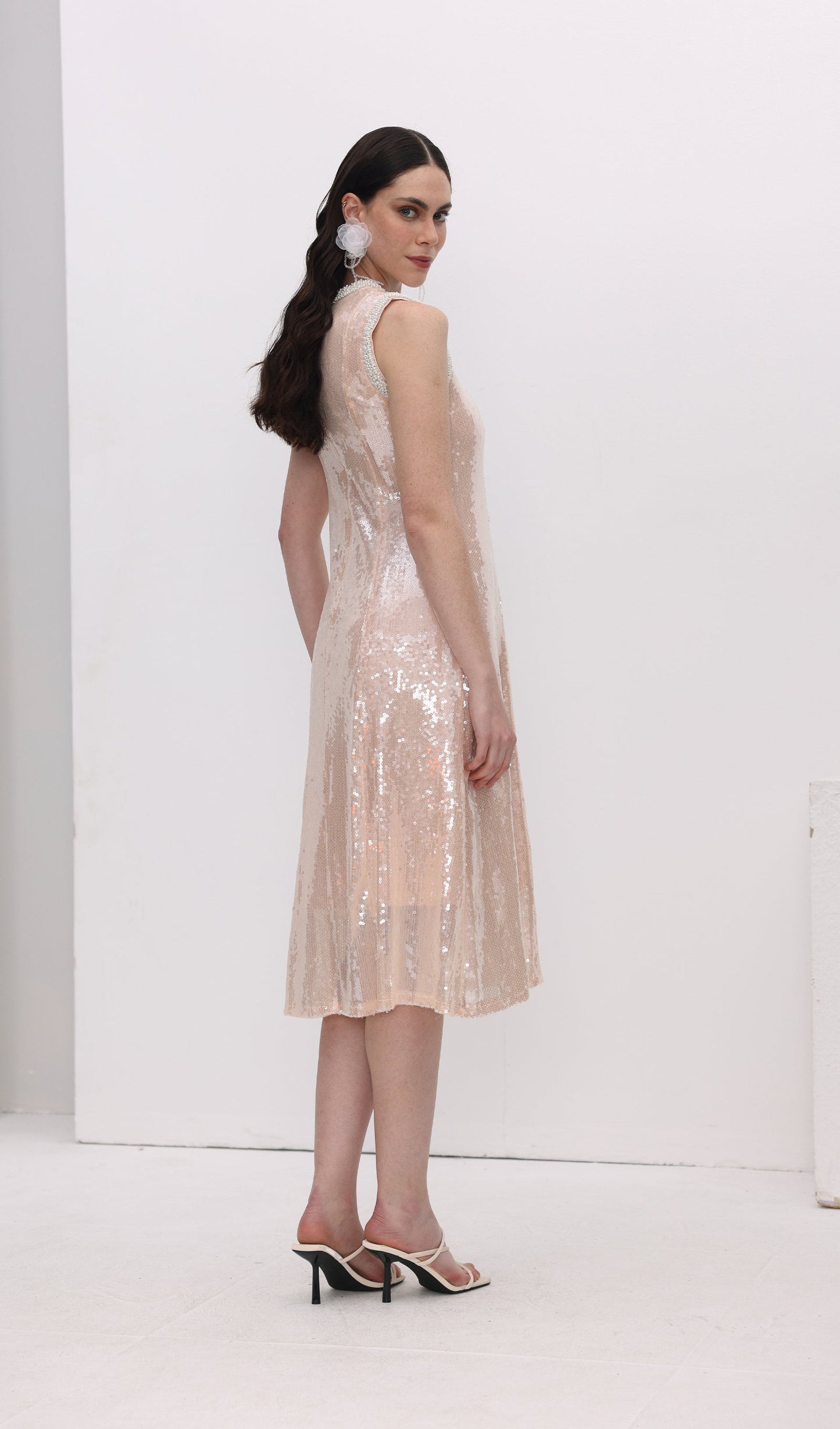 Sequin Embellished Pearl Trim Midi Dress