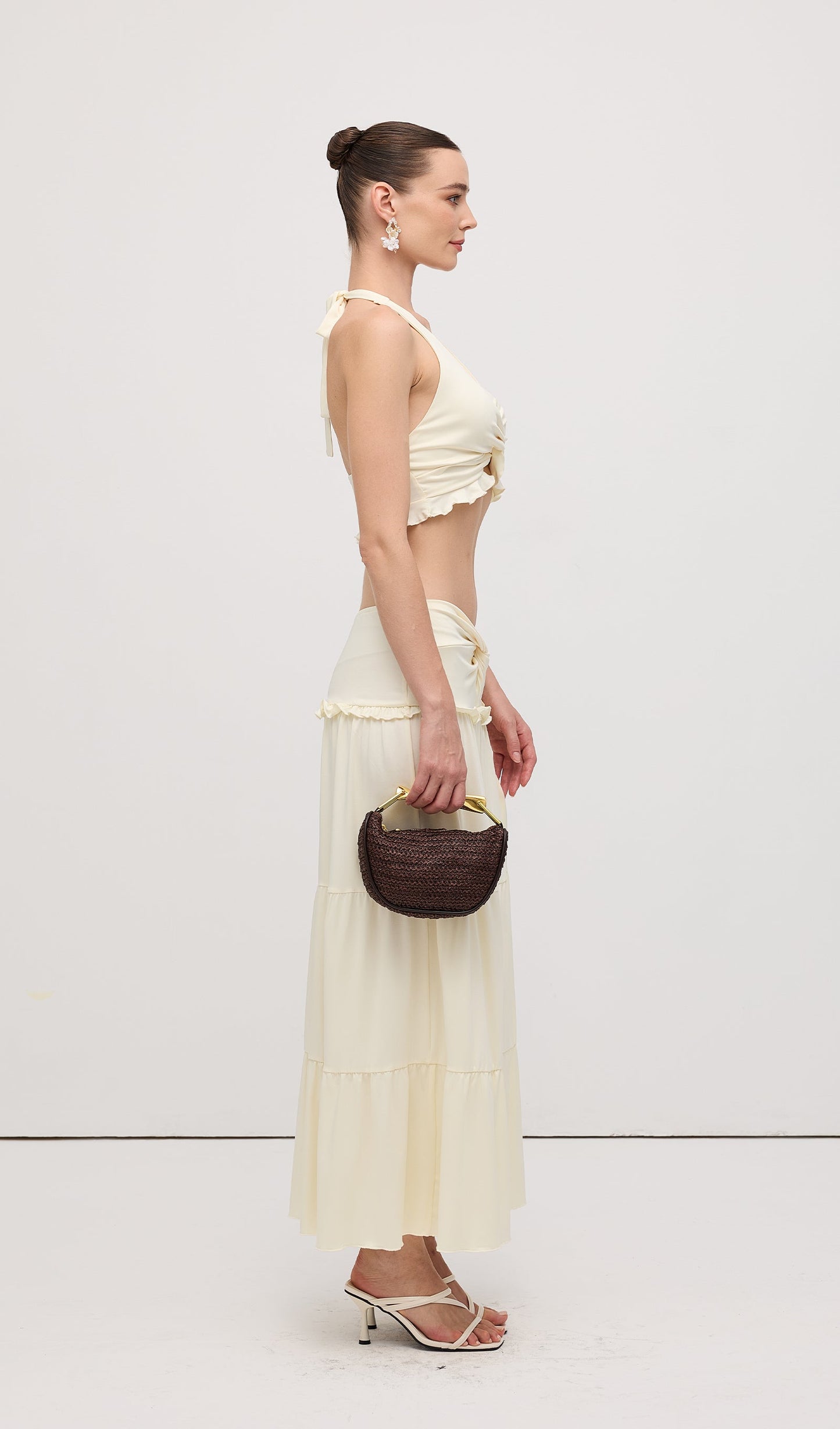 Halter Top & Twist Ruffled Maxi Skirt Sets White