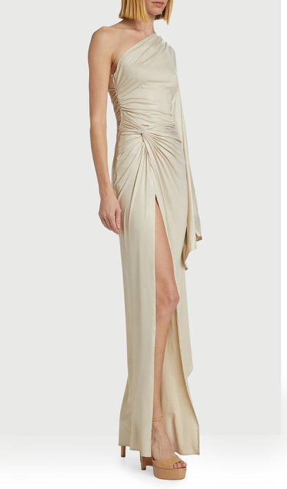 Noor Elegance One Shoulder Coated Jersey Gown