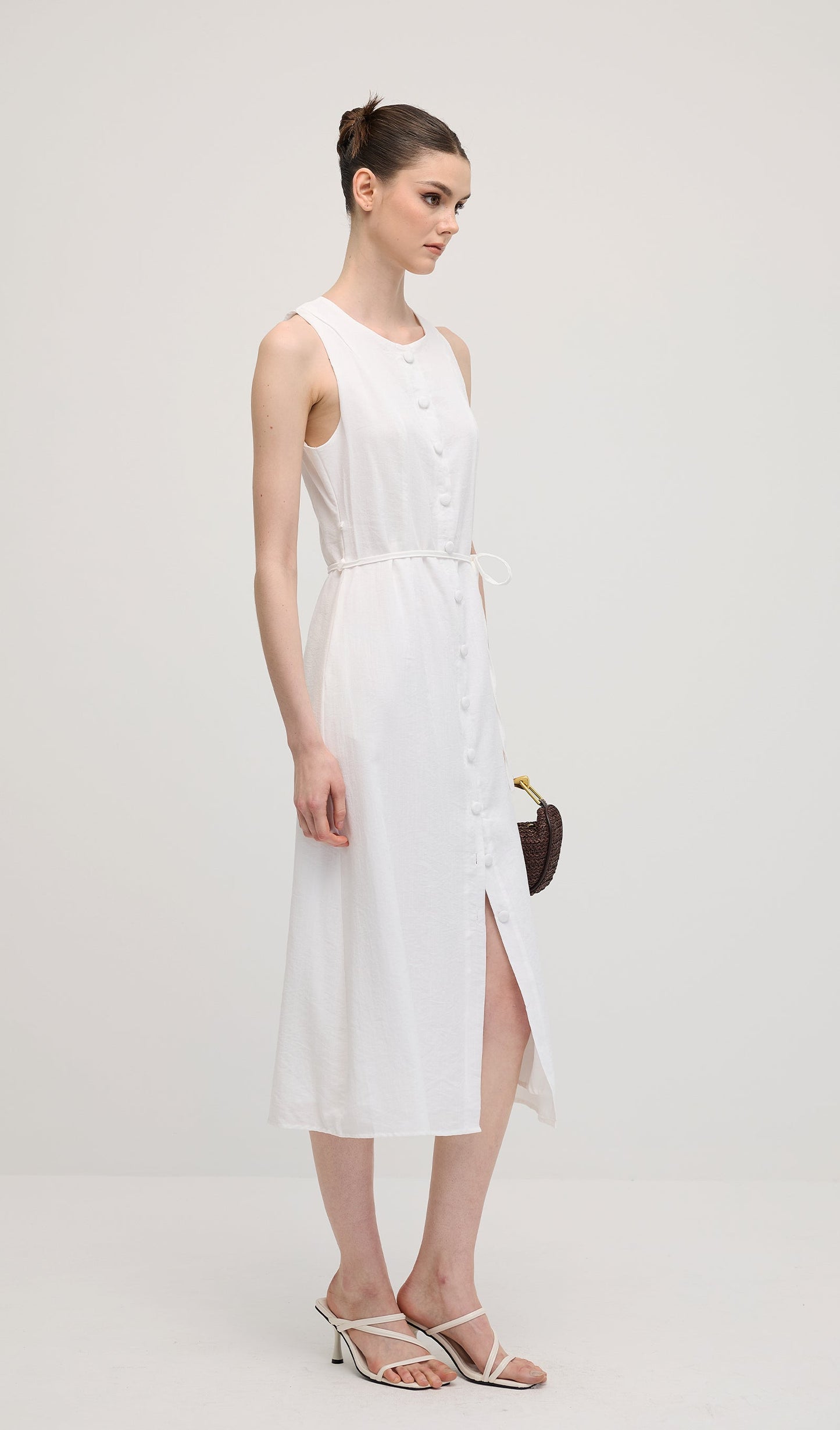 Solid Button Waistcoat Midi Dress In White