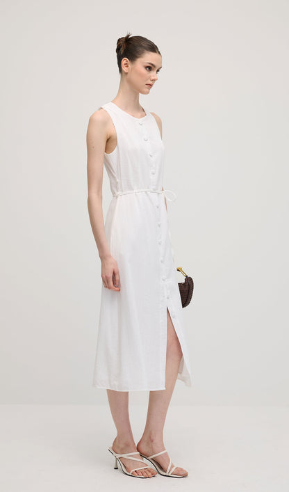 Solid Button Waistcoat Midi Dress In White