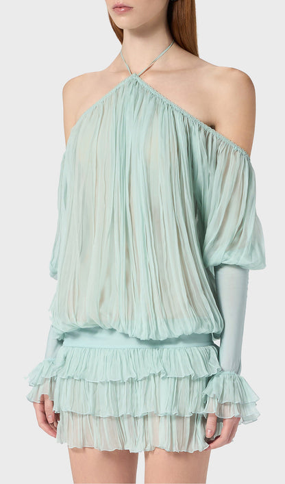 Long Sleeve Pleated Dress In Pale Blue