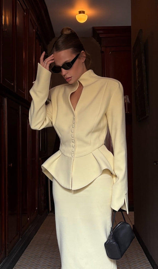 Solid Peplum Jacket & Slit Midi Skirt Set
