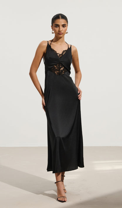 Lace-Trimmed Backless Halter Maxi Dress