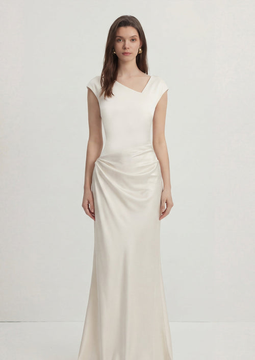 Asymmetrical Neckline Spliced Satin Maxi Dress