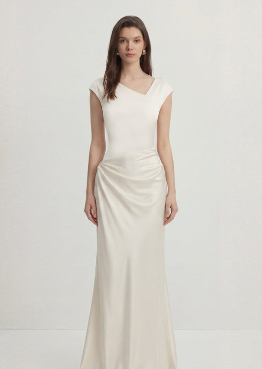 Asymmetrical Neckline Spliced Satin Maxi Dress