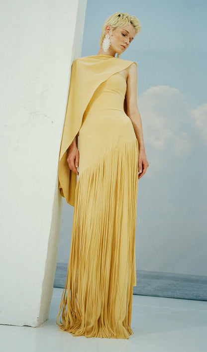 Cape Detailed Fringed Gown