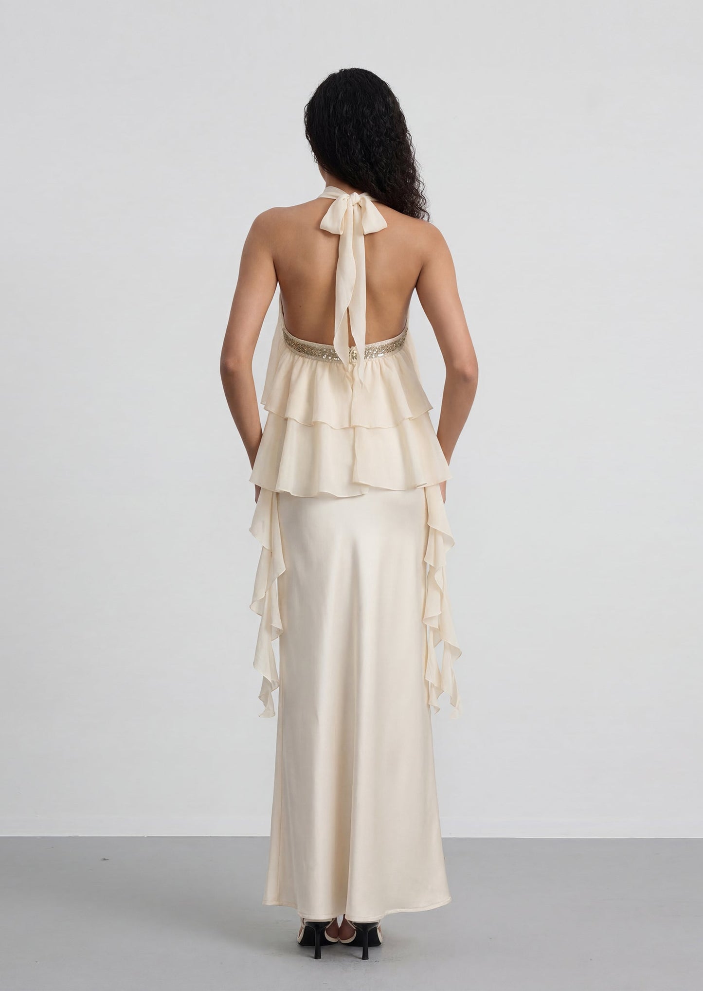 Romelle Halter Ruffled Top & Maxi Satin Skirt Set