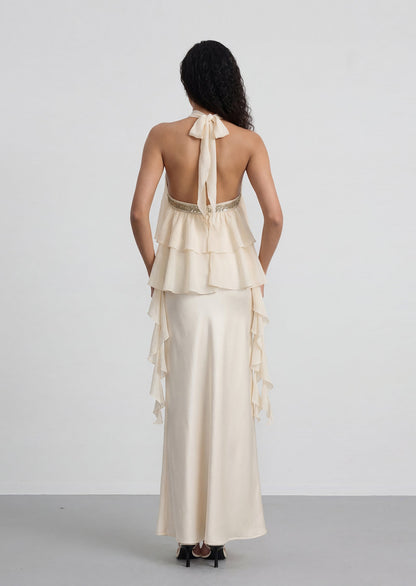 Romelle Halter Ruffled Top & Maxi Satin Skirt Set