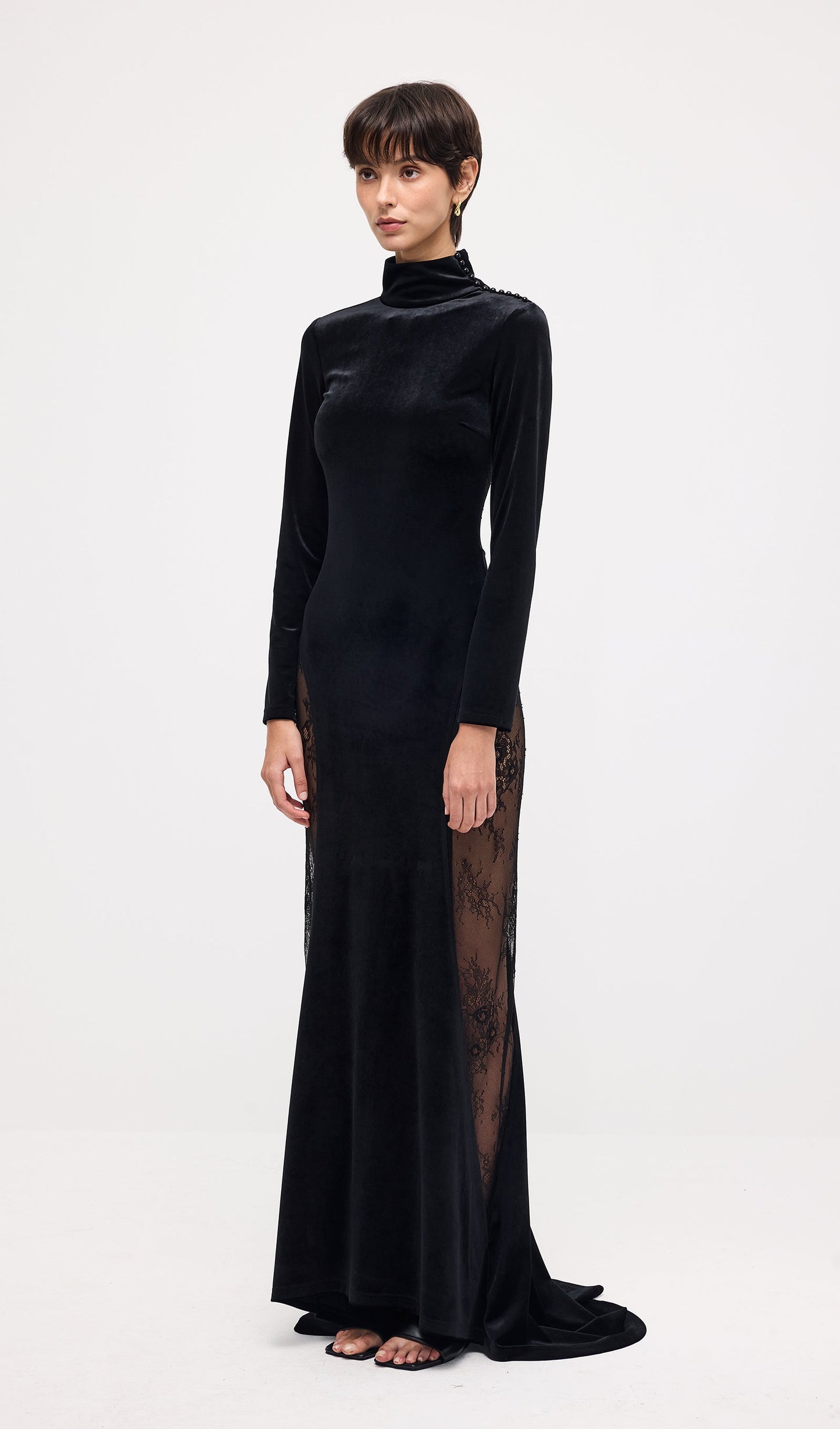 Semi-Sheer Lace Velvet Maxi Dress