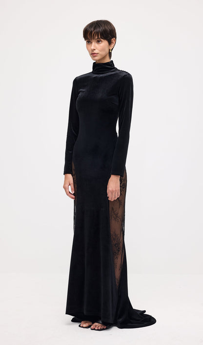 Semi-Sheer Lace Velvet Maxi Dress