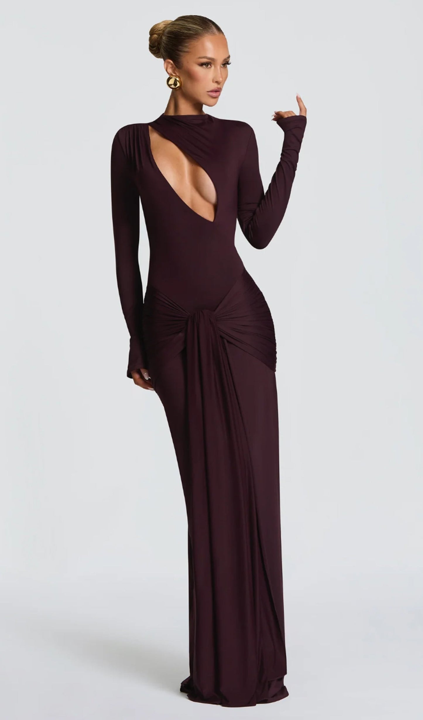 Solid Gathered Tie Cut-Out Maxi Dress