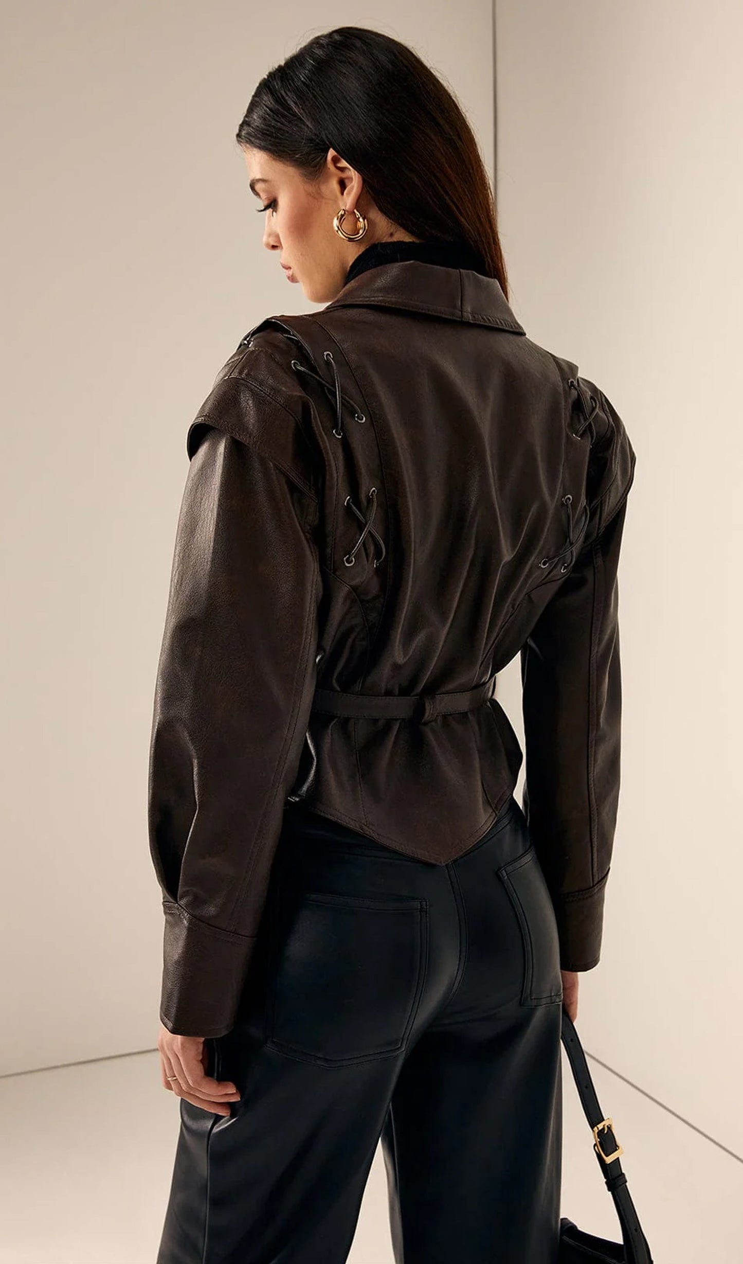 Tie-Waist Faux Leather Jacket In Brown